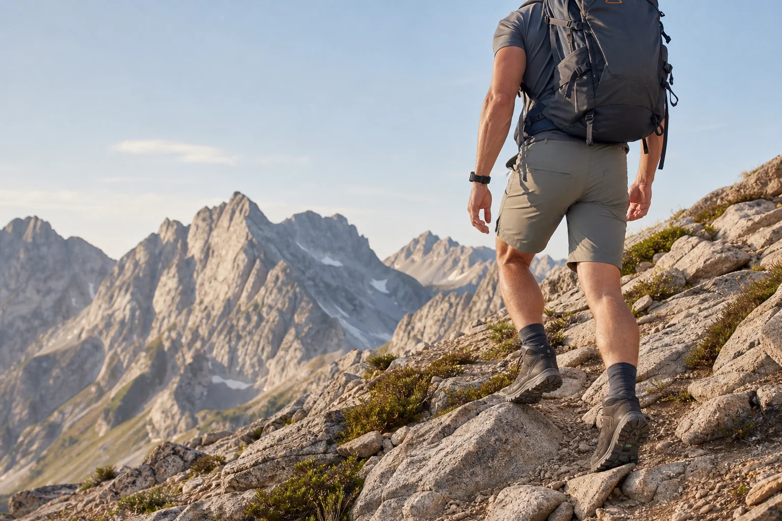 Hiker in modern technical clothing ascending rocky mountain slope