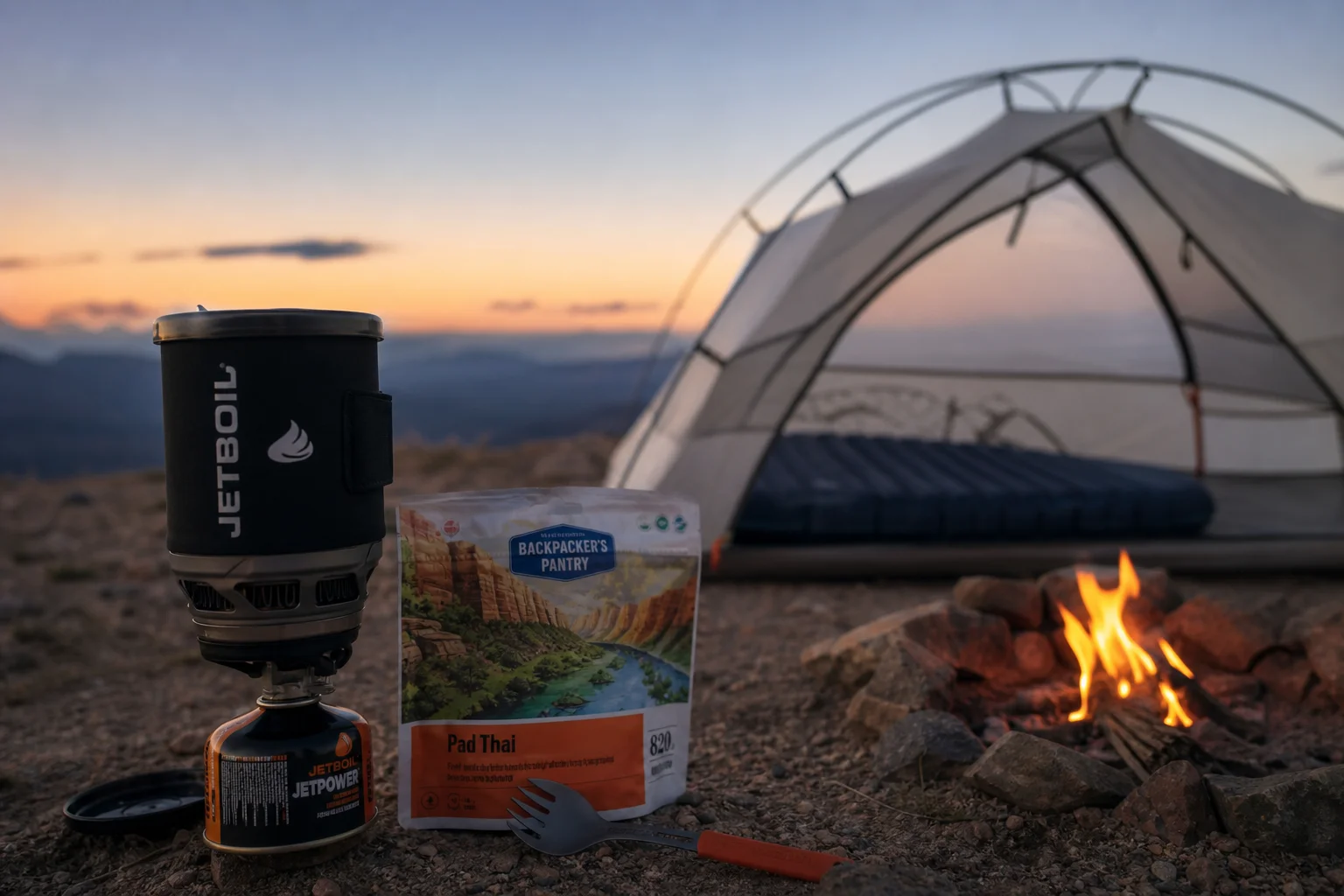 Campfire scene with modern tent, sleeping bag, and freeze-dried meal setup