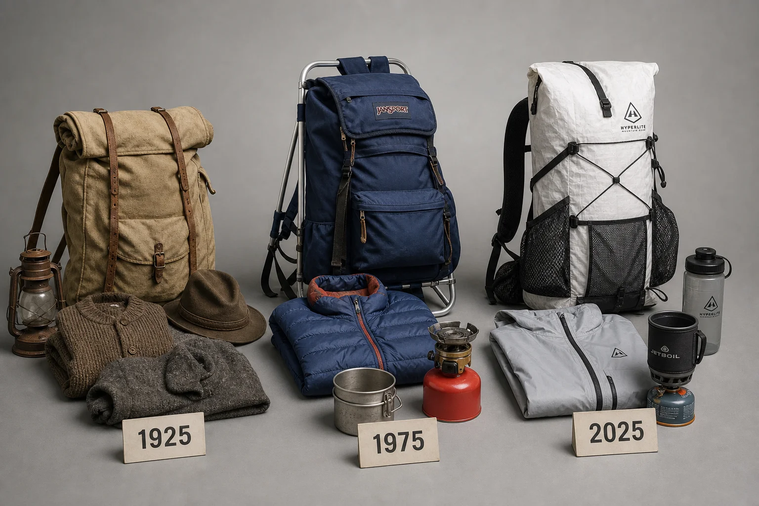 Timeline of backpacking gear from 1925, 1975, and 2025 arranged on grey surface