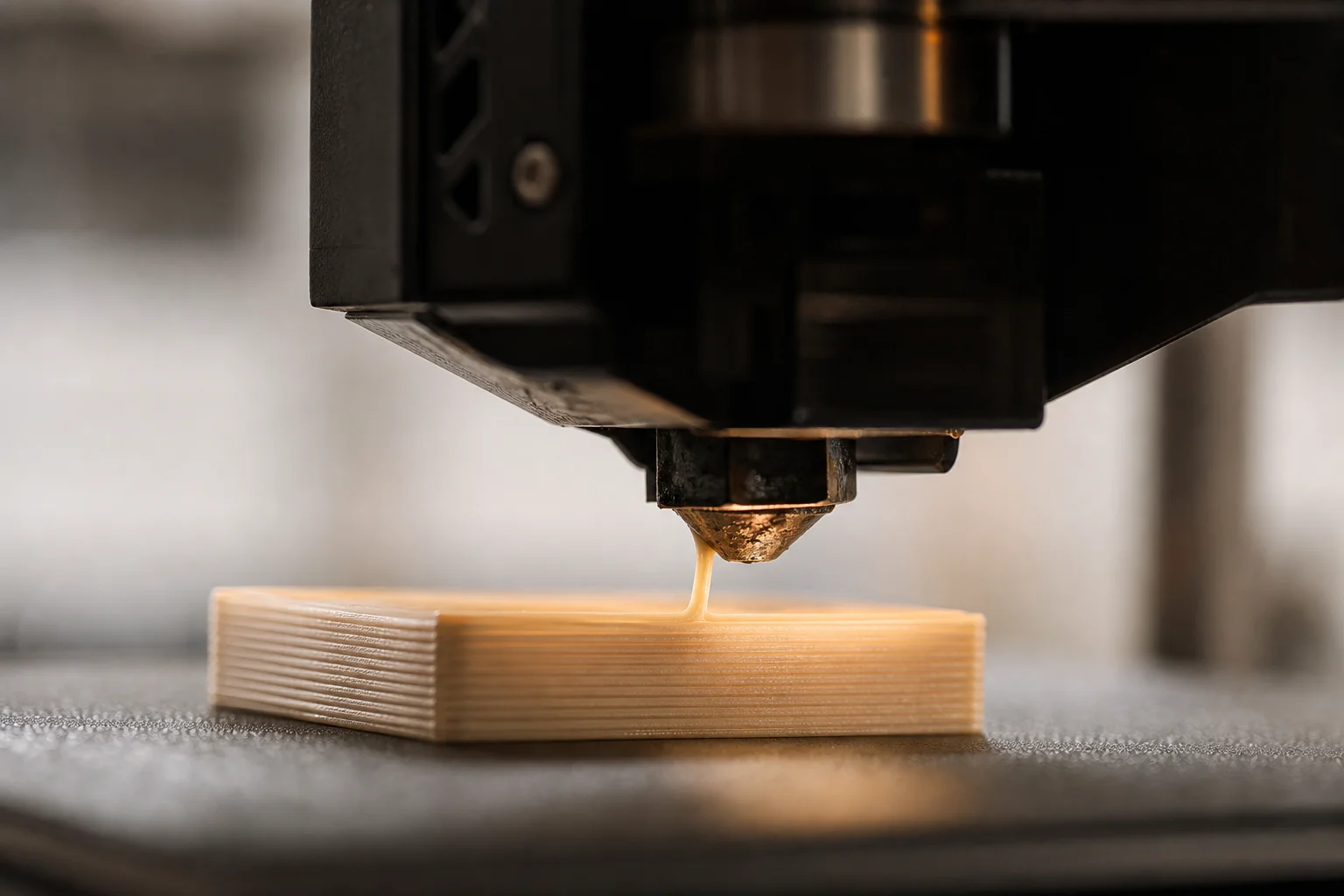 Close-up of 3D printer nozzle extruding filament with precision