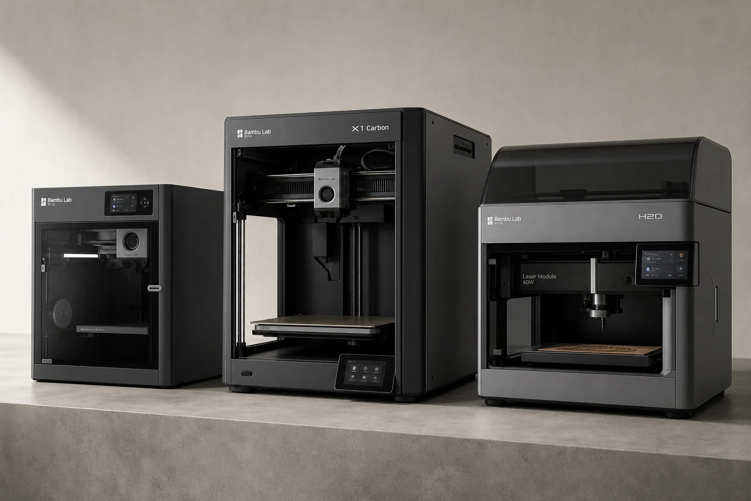 Three Bambu Lab 3D printers arranged on concrete surface showing size progression
