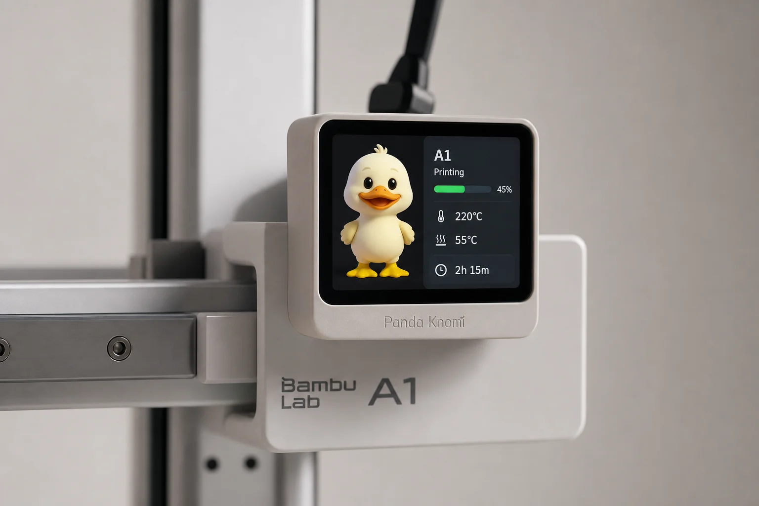 Écran Panda Knomi monté sur une imprimante 3D affichant un personnage de canard animé