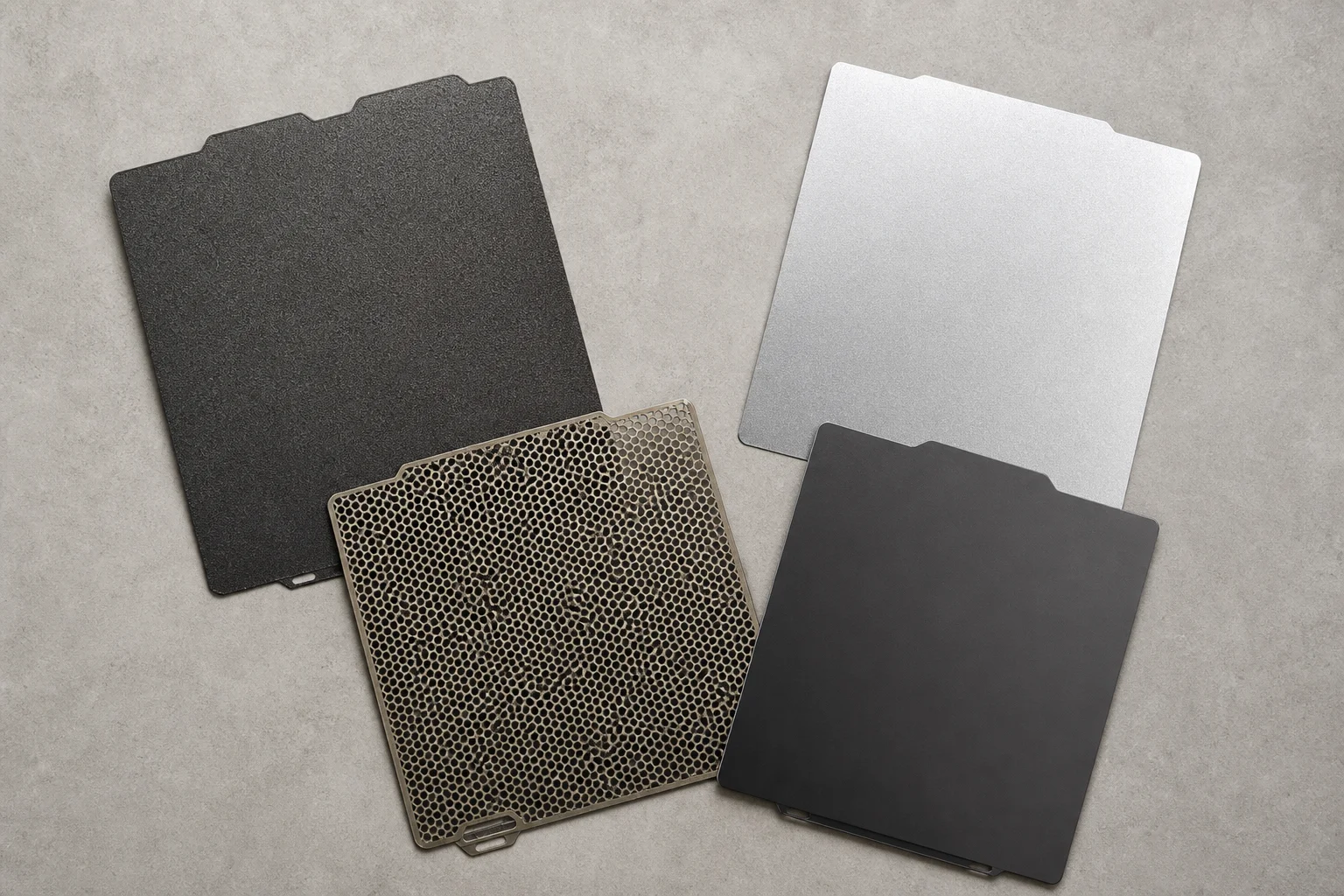 Diverses plaques de construction disposées sur une surface plane montrant différents motifs de surface