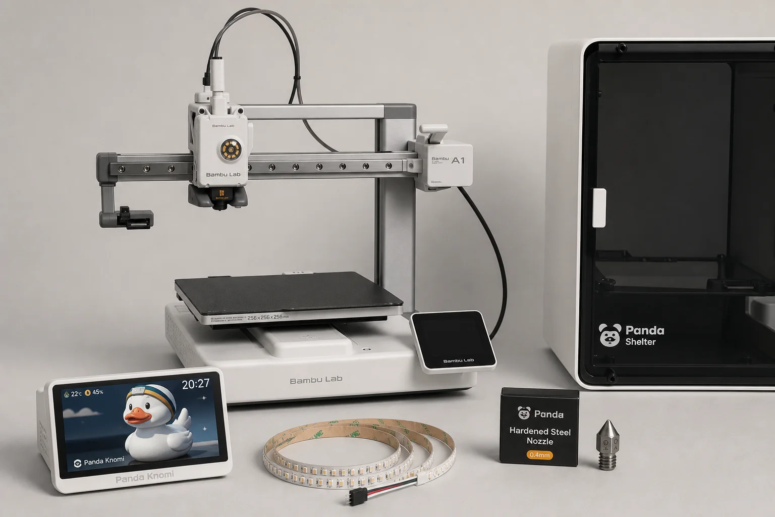 Bambu Lab A1 3D printer with upgrade accessories including Panda Knomi display and LED strip