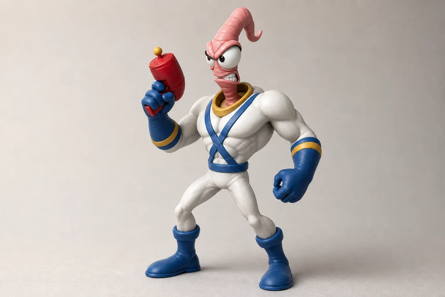 五色 3D 列印的 Earthworm Jim 公仔，展示多色細節