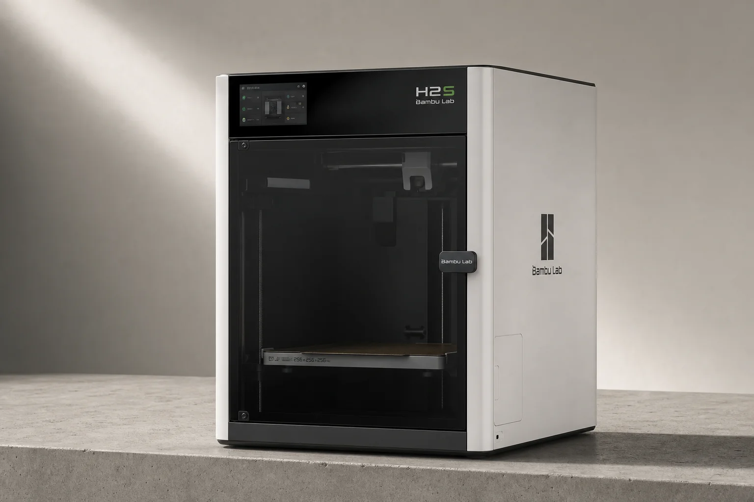 放置於中性背景上的 Bambu Lab H2S 超大尺寸 3D 列印機
