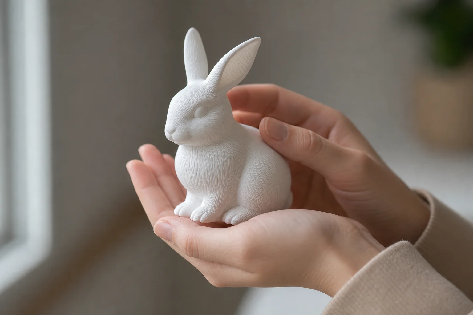 雙手拿著一個極簡風格的 3D 列印兔子模型，表面處理平滑
