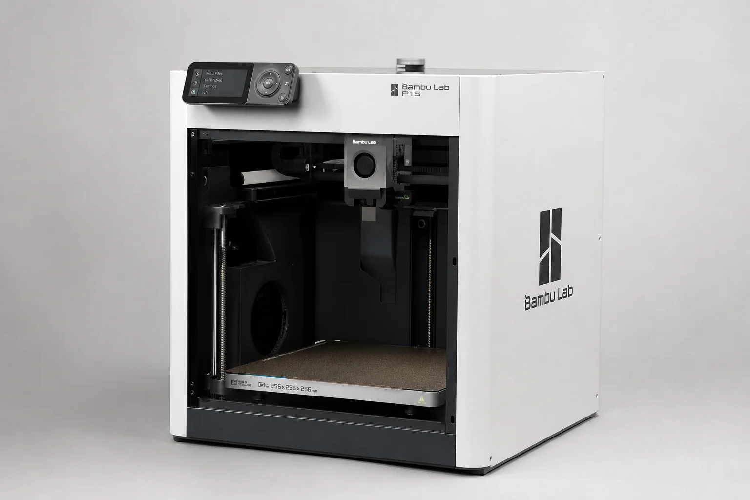 Bambu Lab X1 Carbon and P1S 3D printers side by side on neutral backdrop