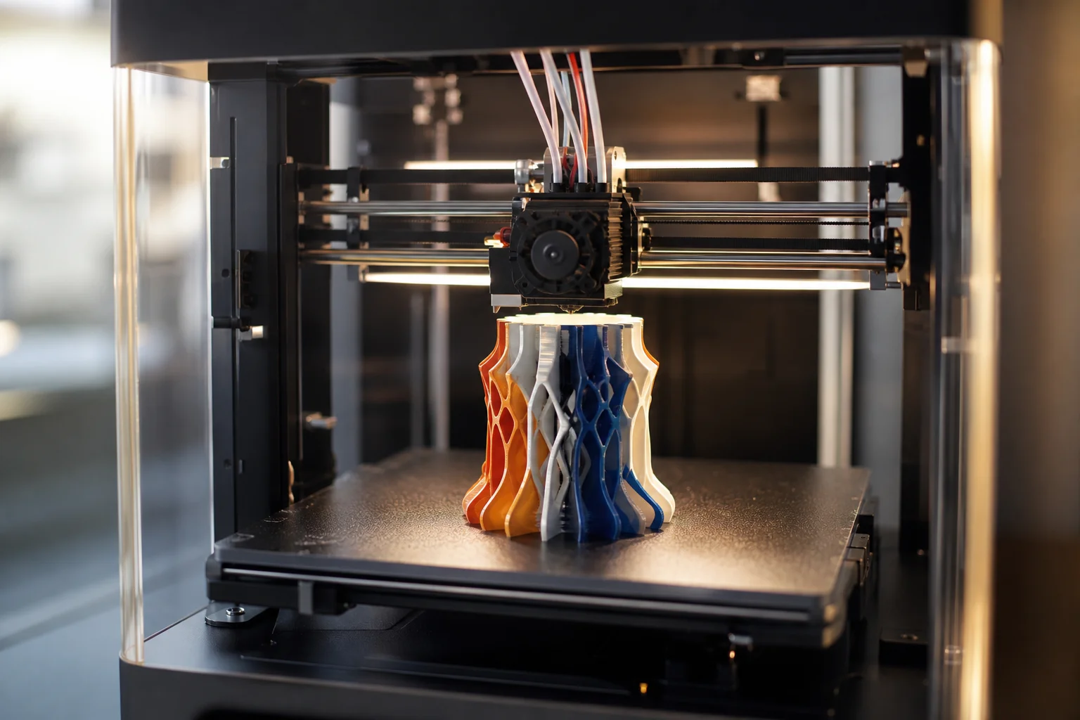 帶有透明外殼的 3D 列印機，正在進行多色零件的列印作業