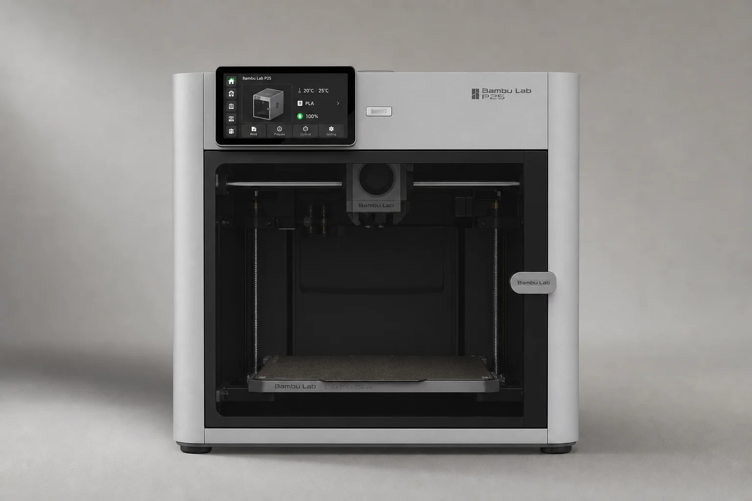 Bambu Lab P2S 3D printer with five-inch touchscreen and transparent build chamber