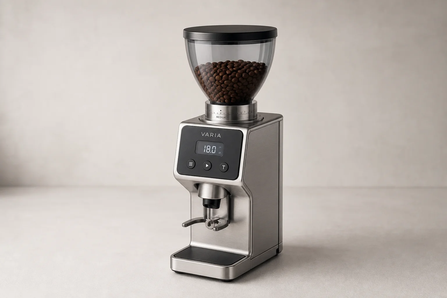 MiiCoffee DF54 Espresso 磨豆機,黑色機身搭配玻璃刻度盤,置於中性背景前