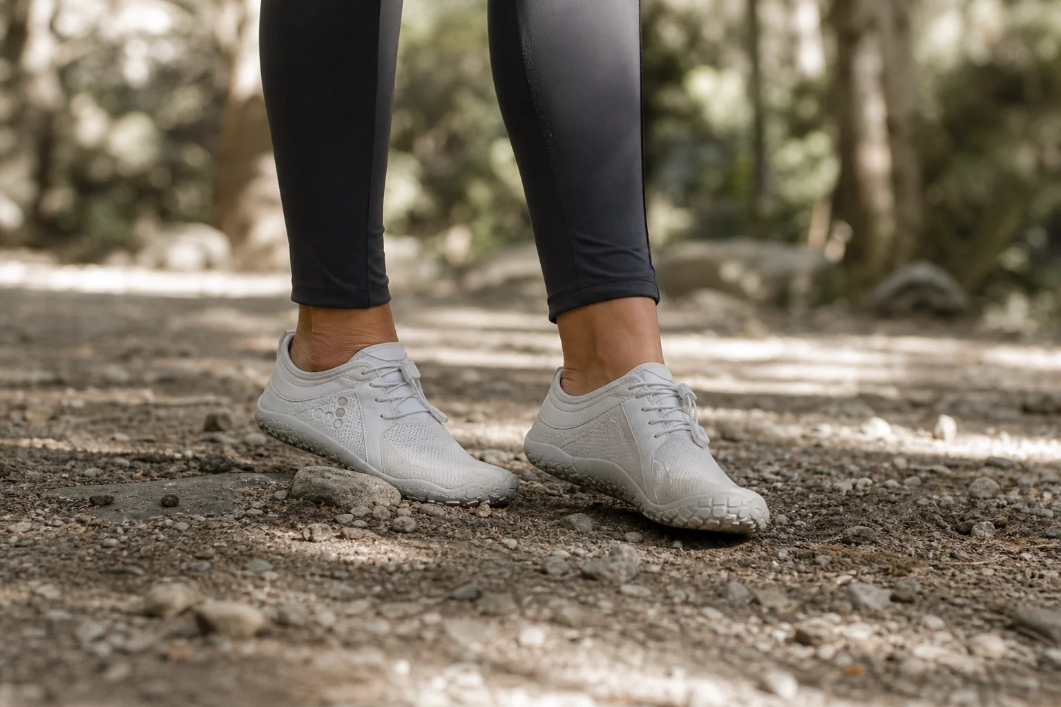 Person wearing barefoot shoes on natural outdoor trail