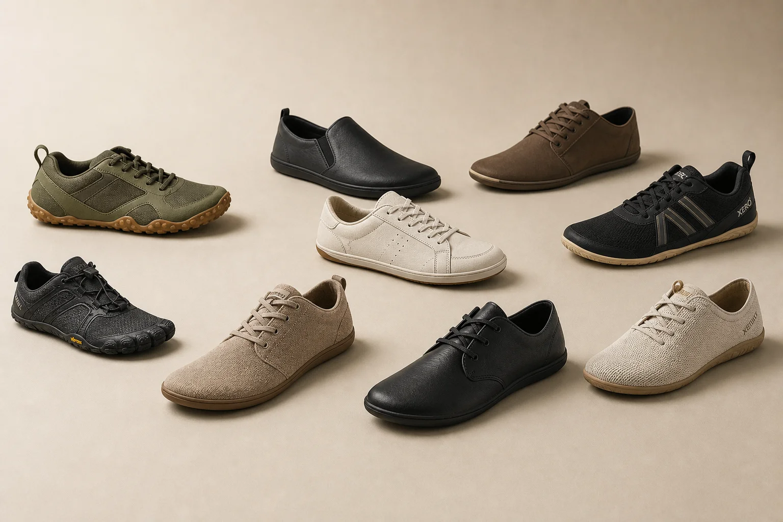 Collection of barefoot shoes from multiple brands displayed on neutral backdrop