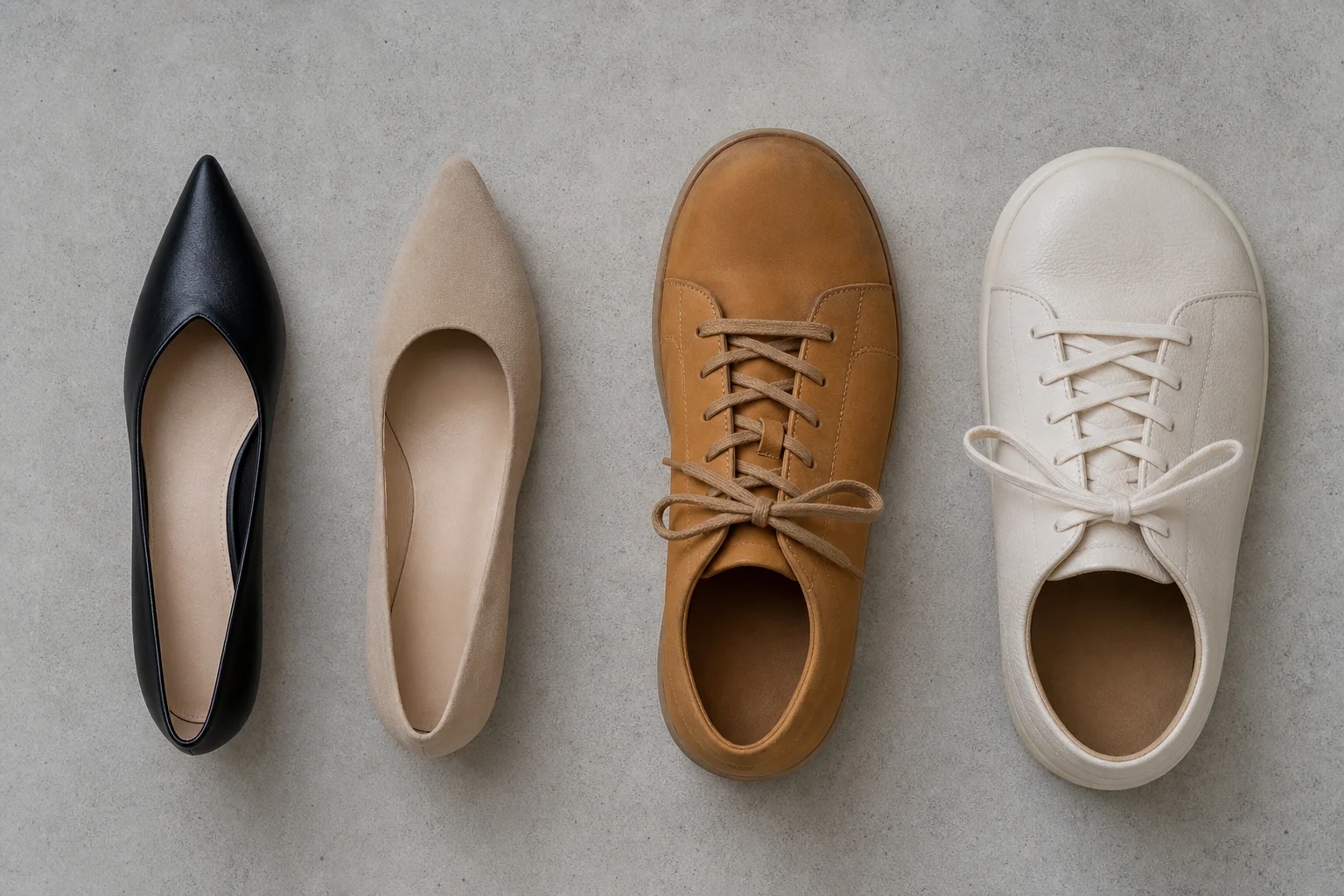 Overhead flat-lay of multiple shoes showing different toe box widths