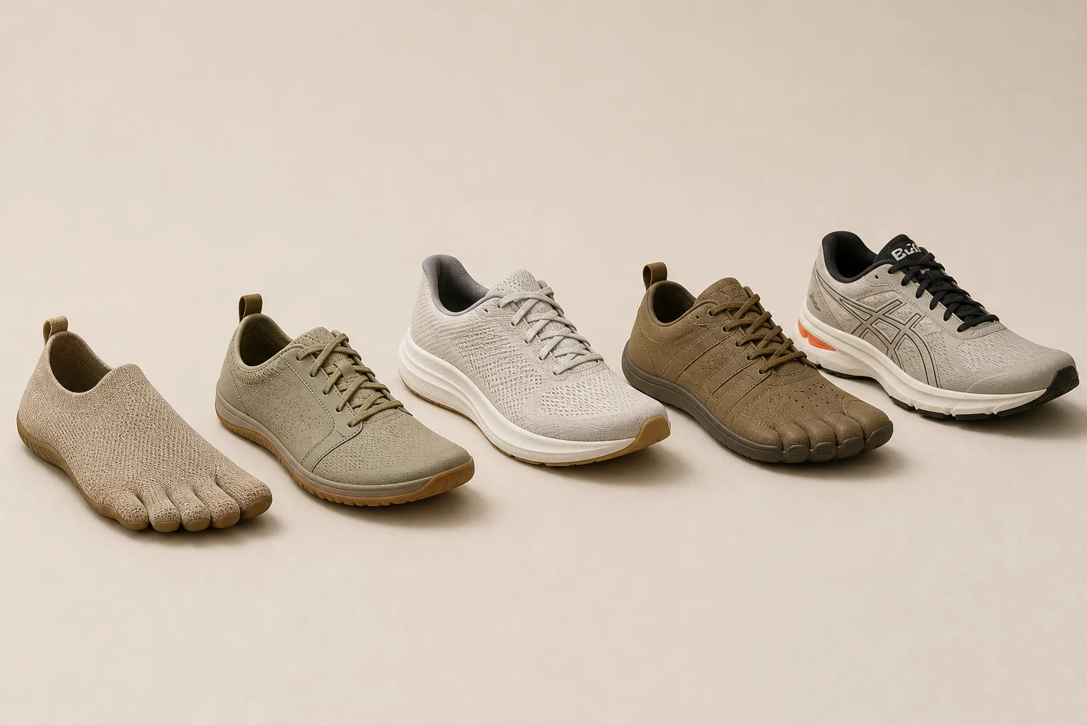 Collection of five different shoe types showing barefoot, minimalist, zero-drop, and natural foot-shaped designs