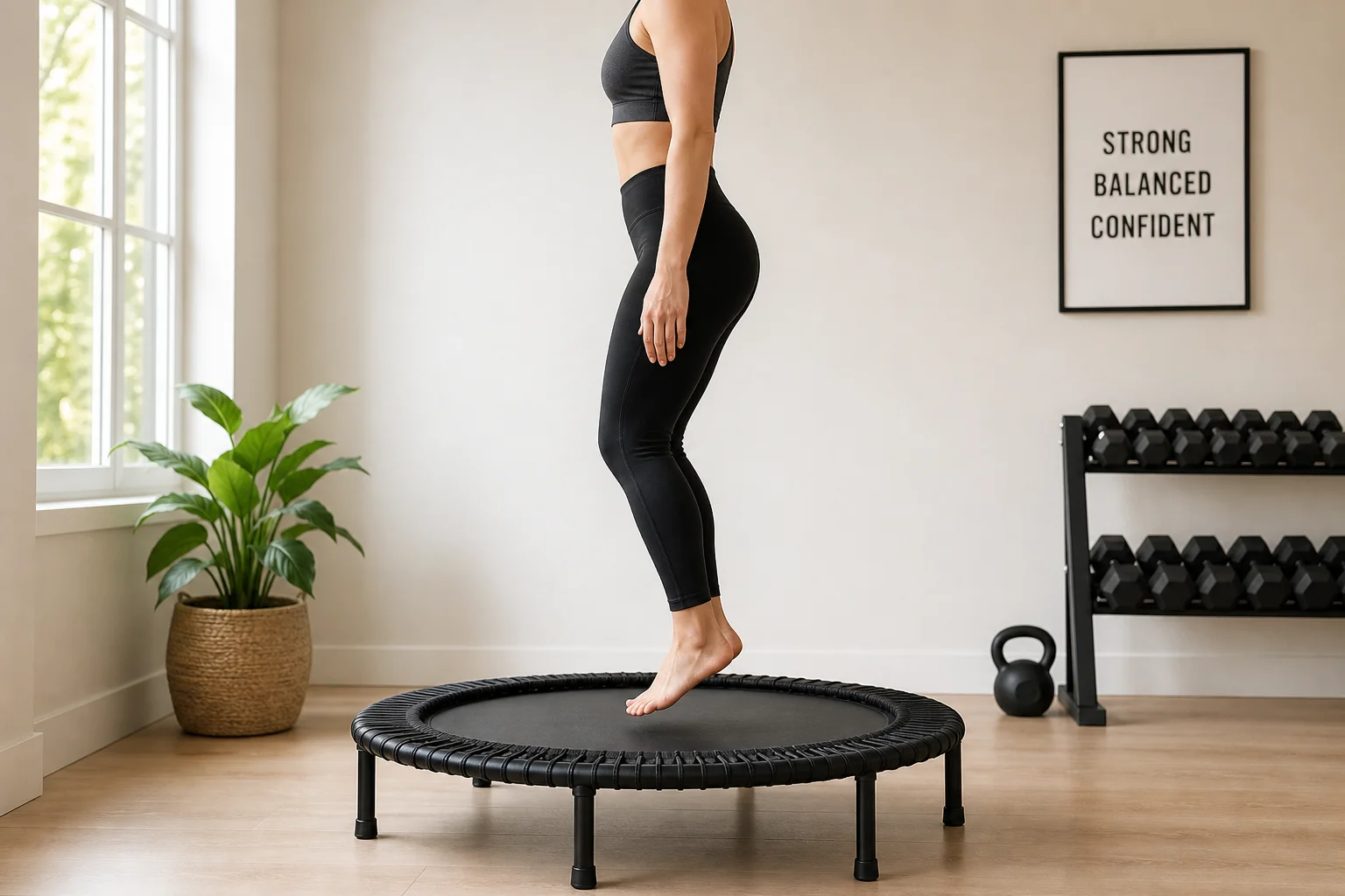 Person performing health bounce on mini trampoline with feet lightly on mat