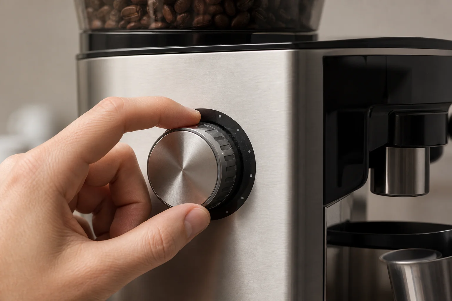 Hand adjusting grind setting dial on a bean-to-cup machine