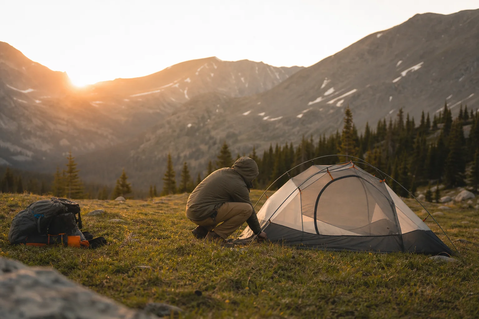 Backpacker setting up camp in mountain valley at dusk