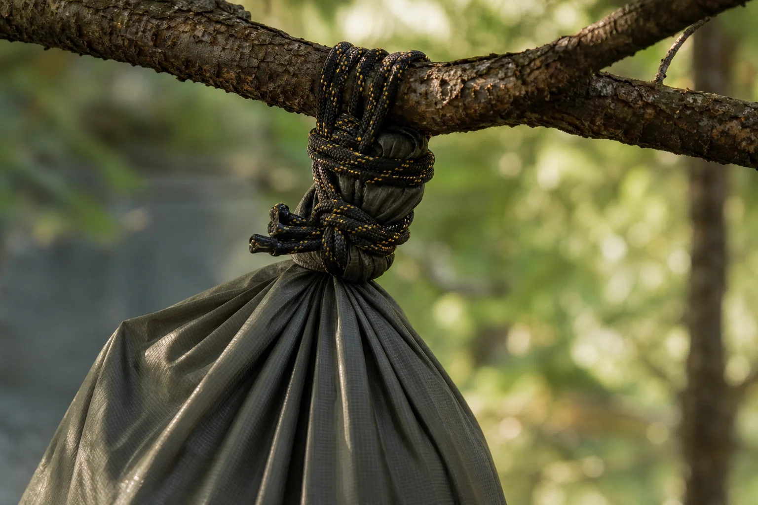 Bear sack tied securely to tree branch with special knot