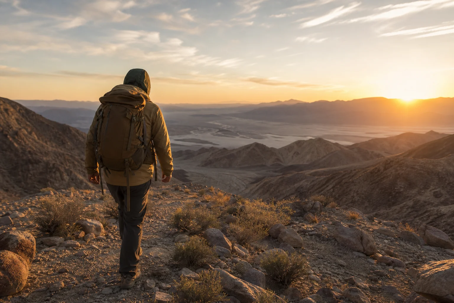 Backpacker hiking through desert terrain at sunrise