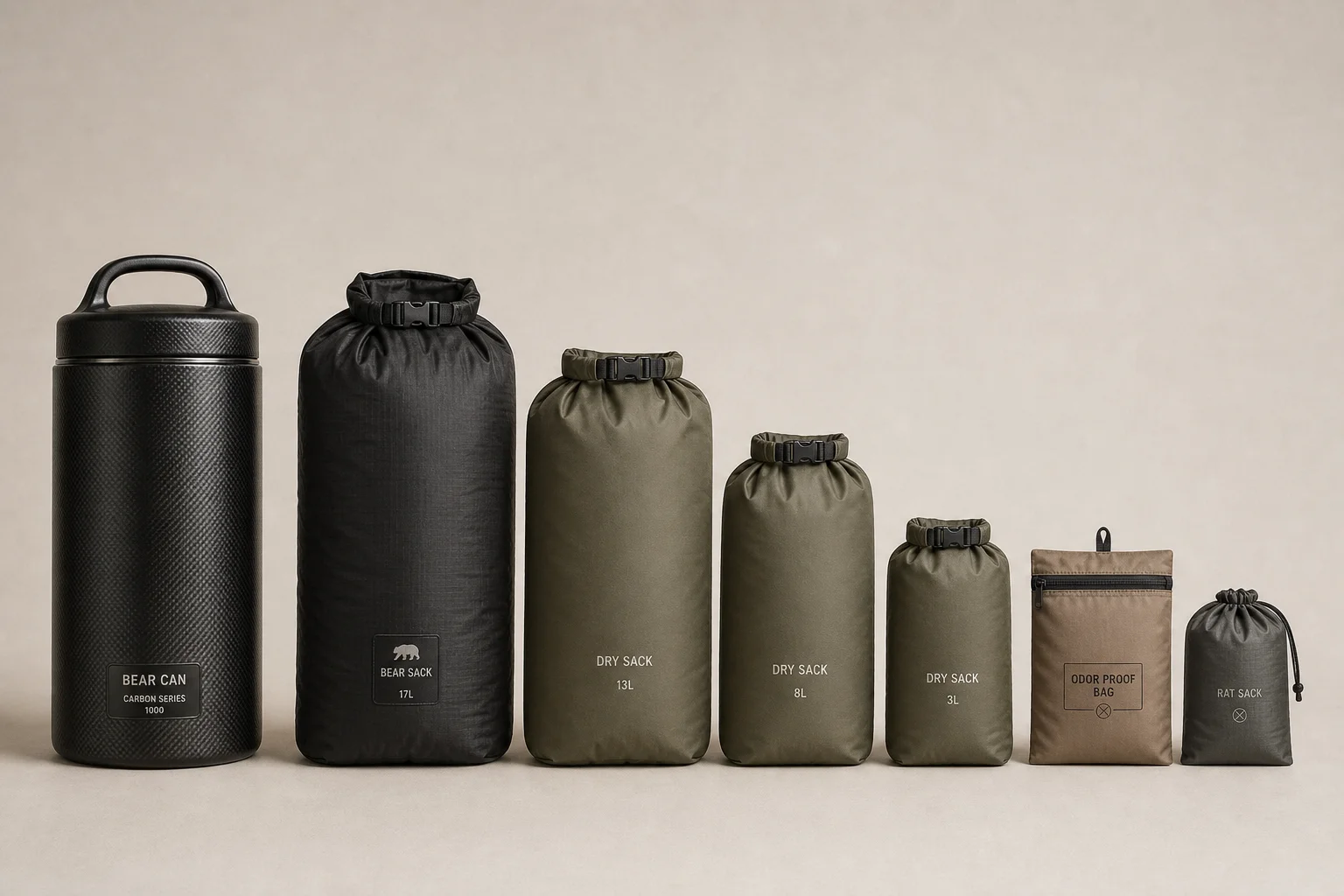 Seven food storage solutions for backpacking arranged on neutral backdrop