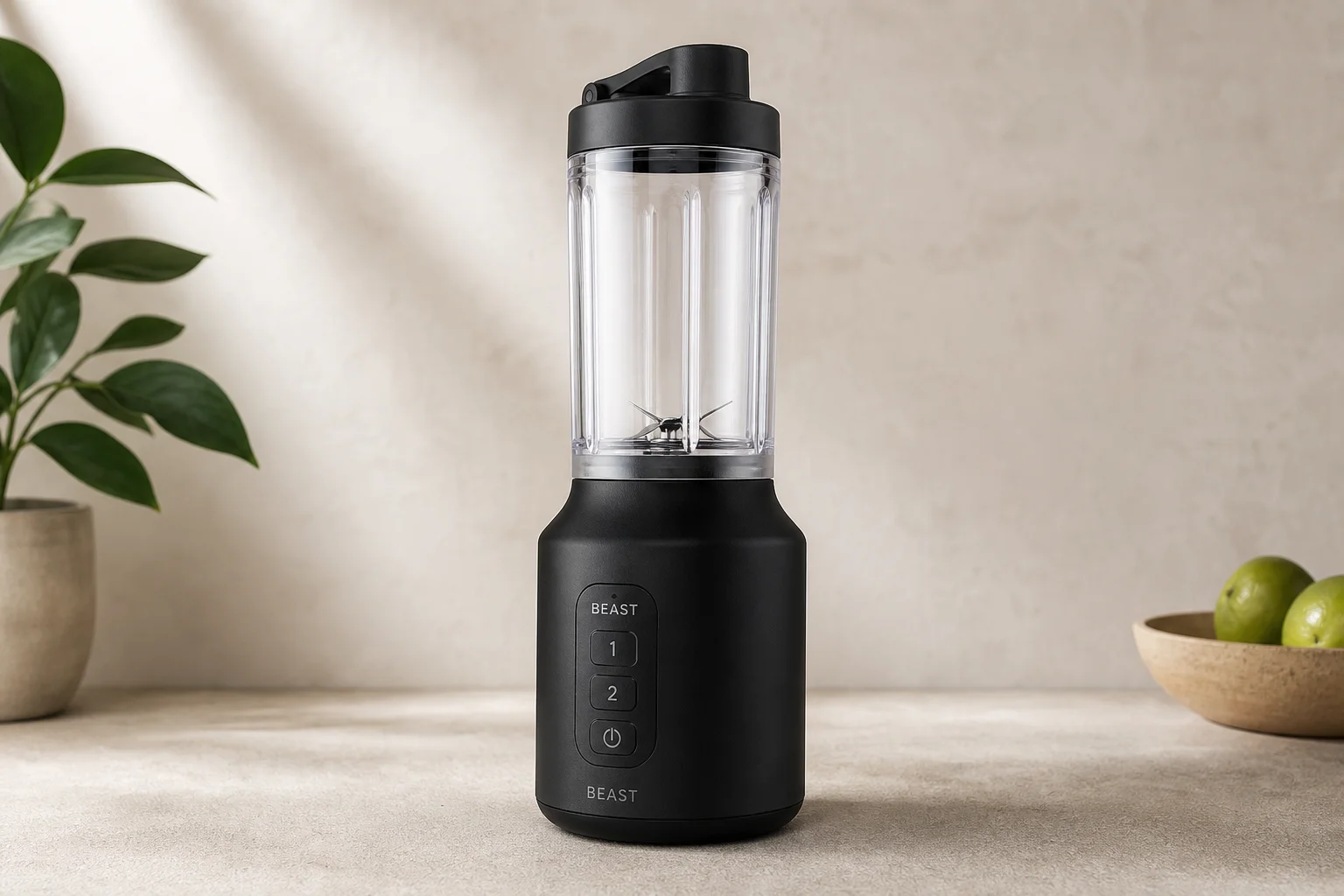 Vitamix Explorian E310、Ninja Professional Blender 與 Beast Blender 擺放在中性背景上