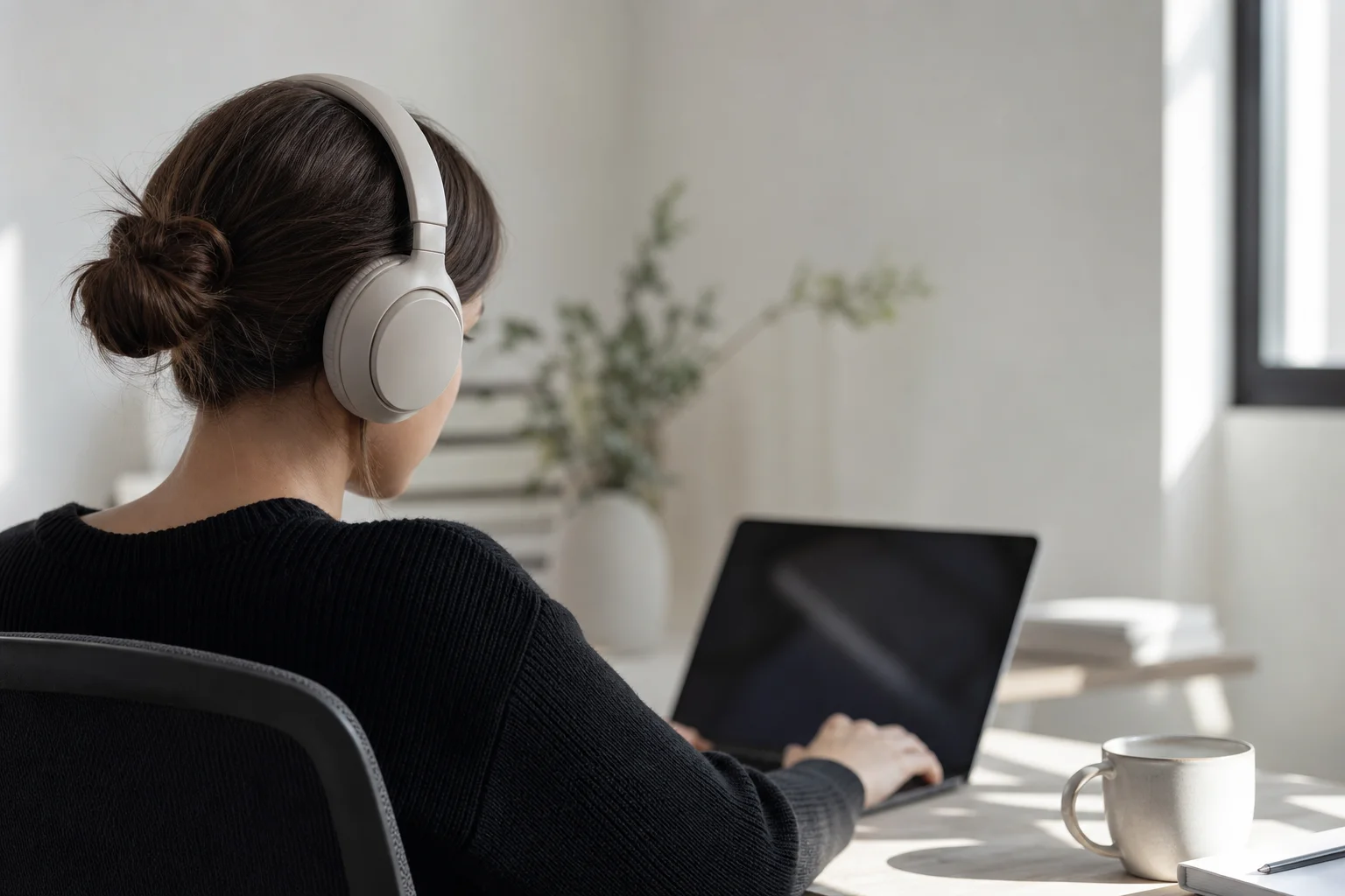 Person wearing over-ear headphones at a modern office desk