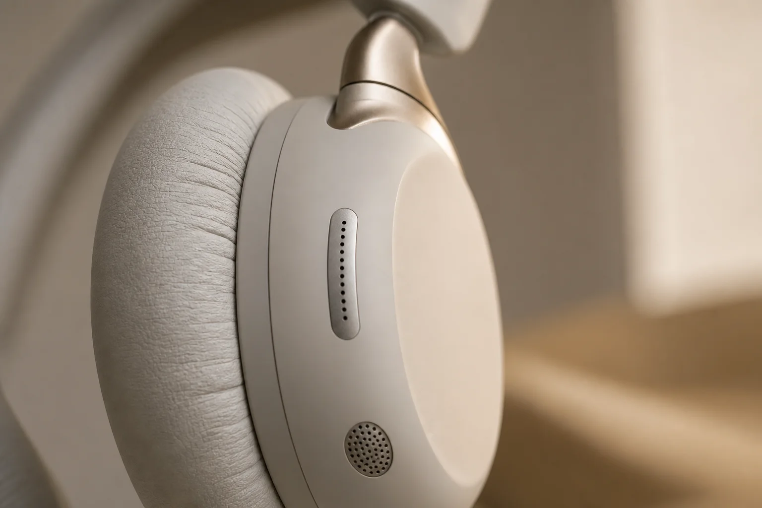 Close-up of headphone ear cup showing microphone and construction