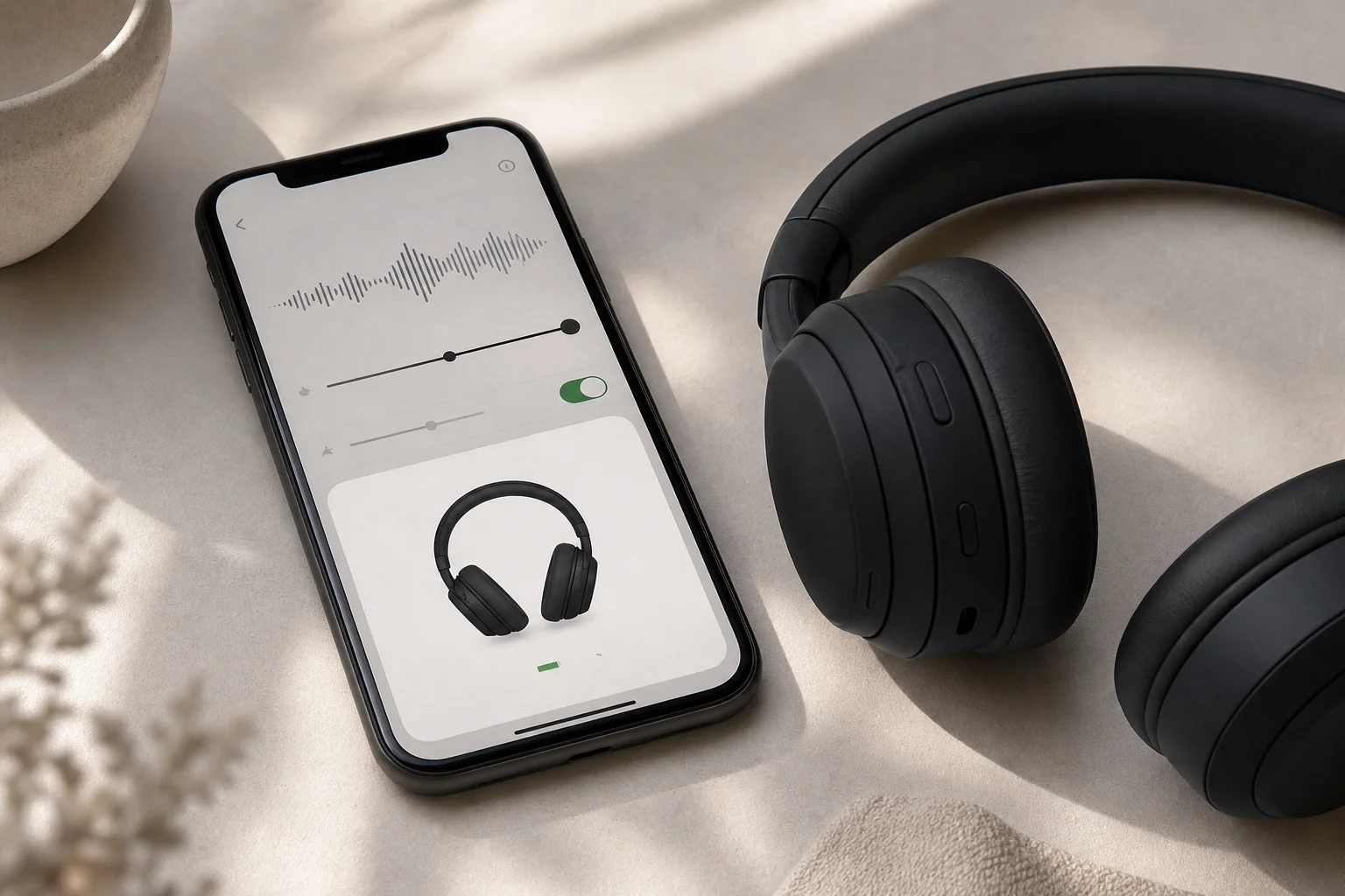 Smartphone showing headphone connectivity settings with headphones nearby