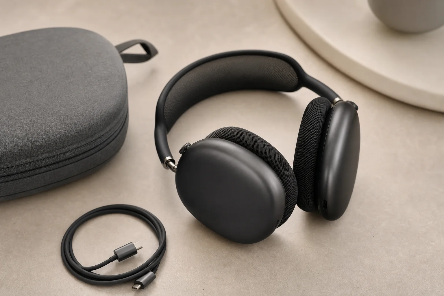 Headphones on desk with charging cable and protective case