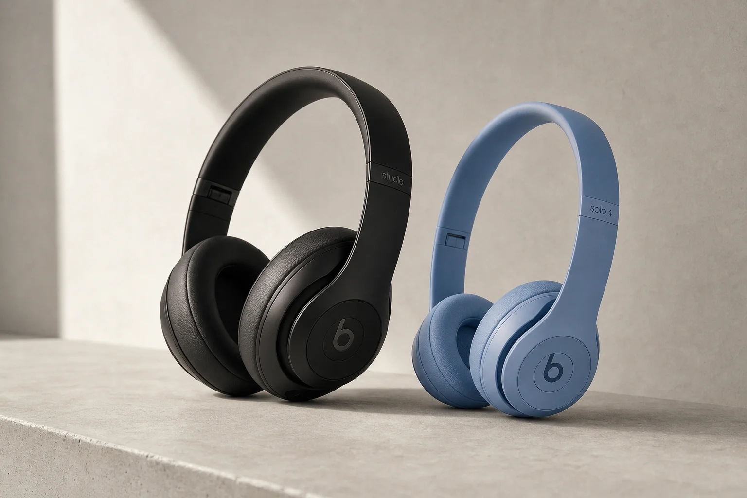 Beats Studio Pro and Beats Solo 4 headphones displayed on concrete surface