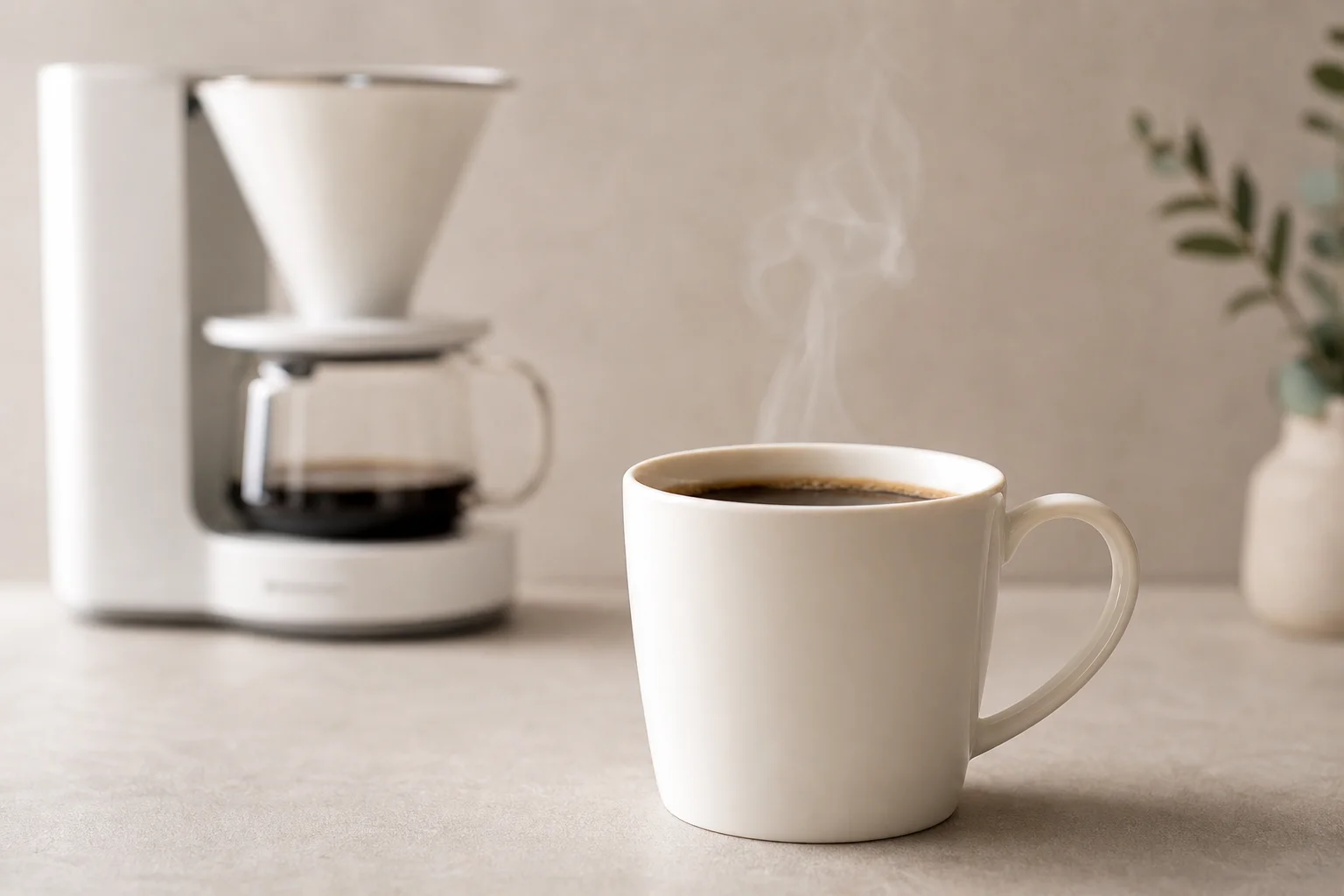 Finished cup of coffee with brewing equipment softly blurred in background