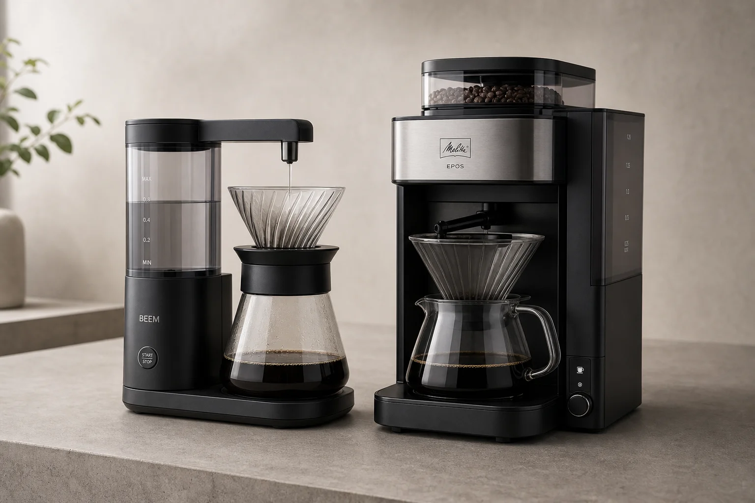 BEEM and Melitta EPOS automated pour-over coffee makers side by side