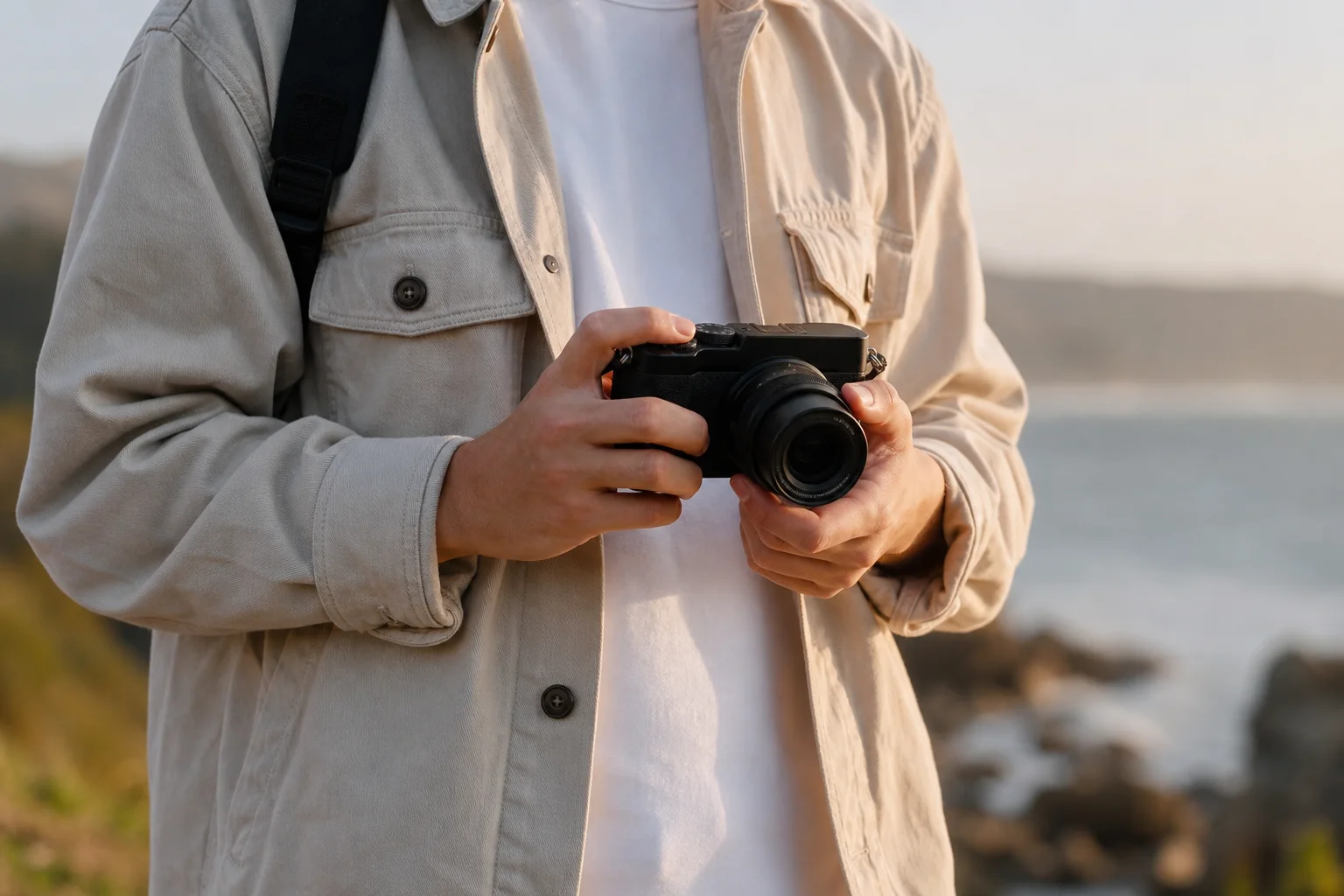 Photographer holding compact mirrorless camera outdoors in natural light