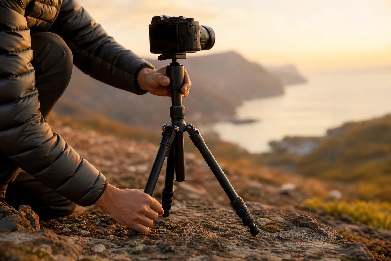 Photographer adjusting tripod height in outdoor landscape setting