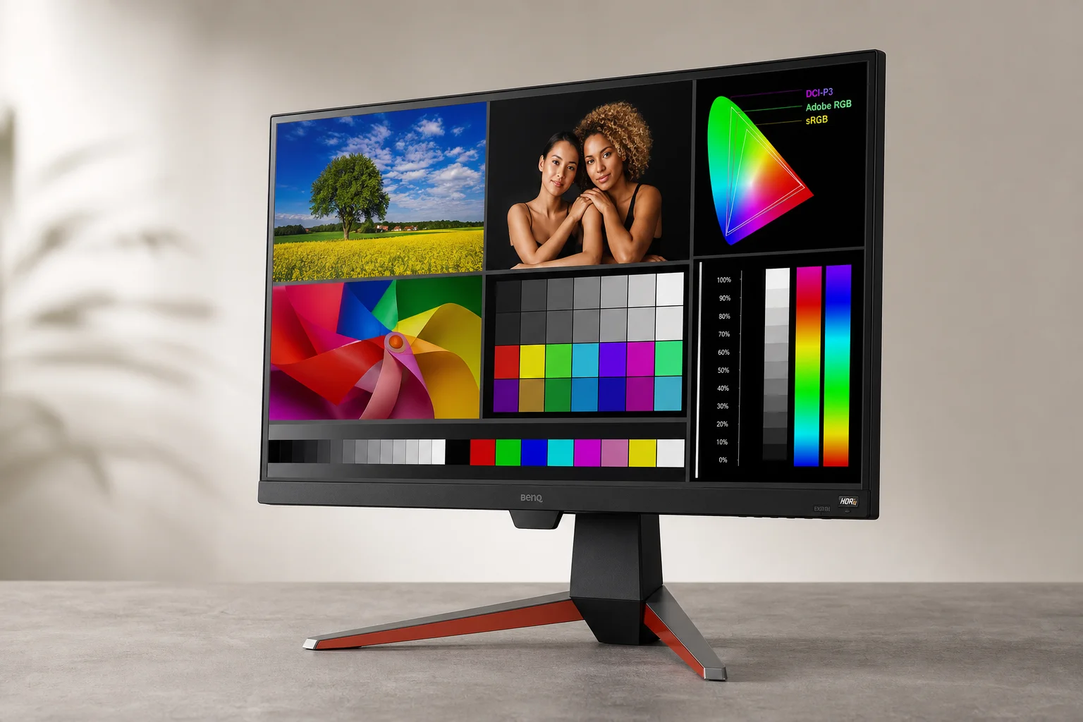 Eight computer monitors of varying sizes displayed on a concrete surface showing different content