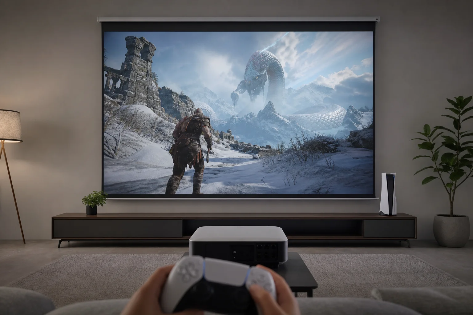 連接 PS5 主機的遊戲設置，投影機正在顯示遊戲畫面