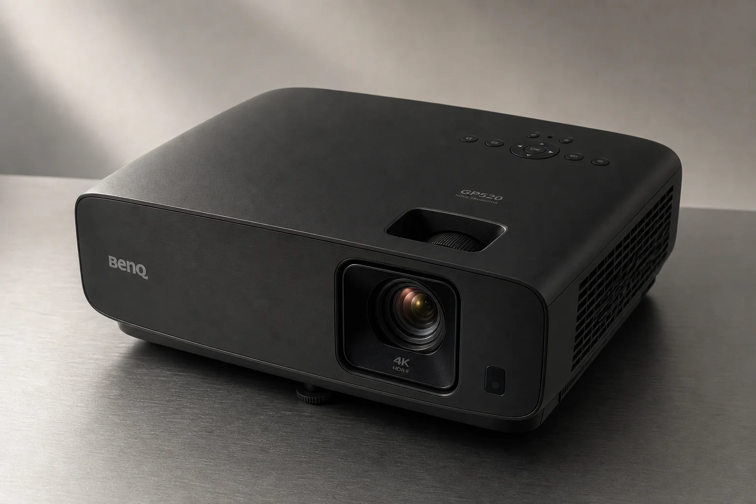 放置於金屬拉絲表面上的 BenQ GP520 4K 投影機，搭配柔和的攝影棚燈光