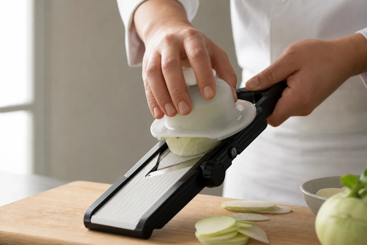 Chef's hands using a mandoline with guard to slice vegetables on a cutting board