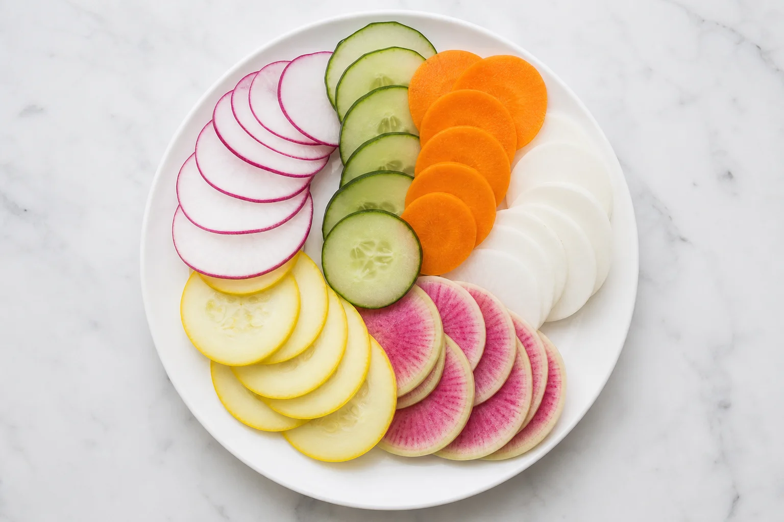 Thin, uniform vegetable slices arranged on a white plate showing consistent thickness