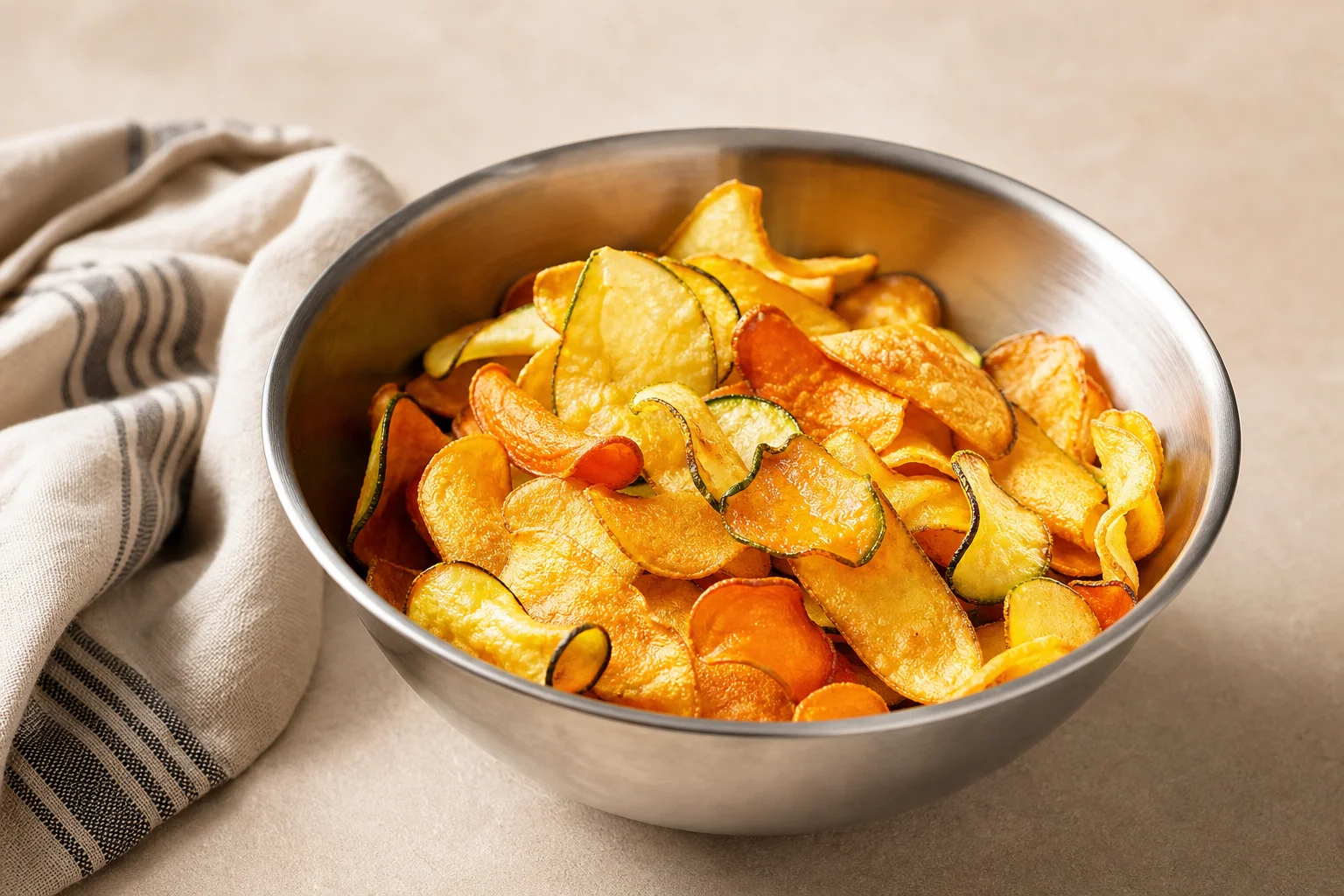 Cassava and beetroot chips in a stainless steel bowl, golden and crispy