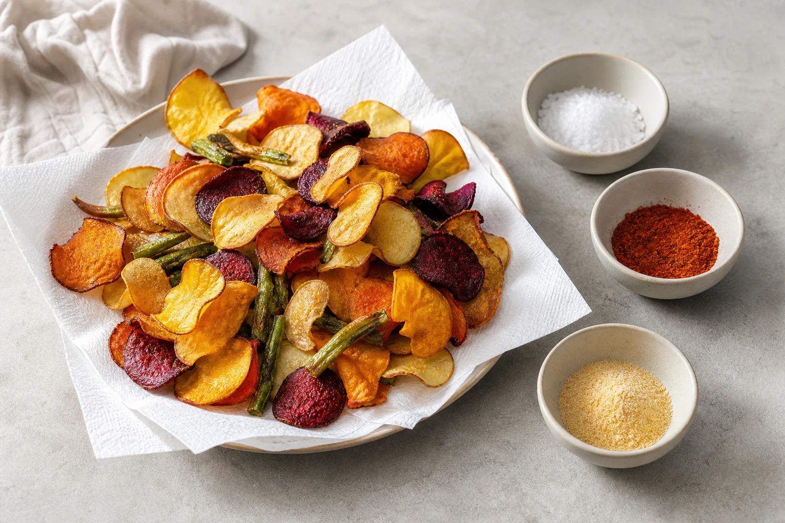 Finished crispy vegetable chips on paper towels with seasoning options nearby
