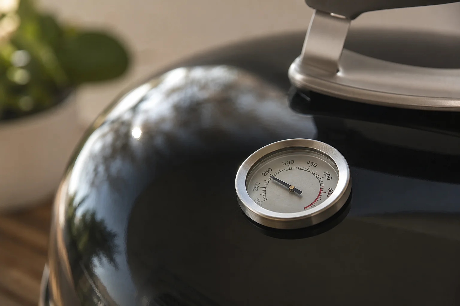 Close-up of kettle grill lid with built-in thermometer showing temperature gauge