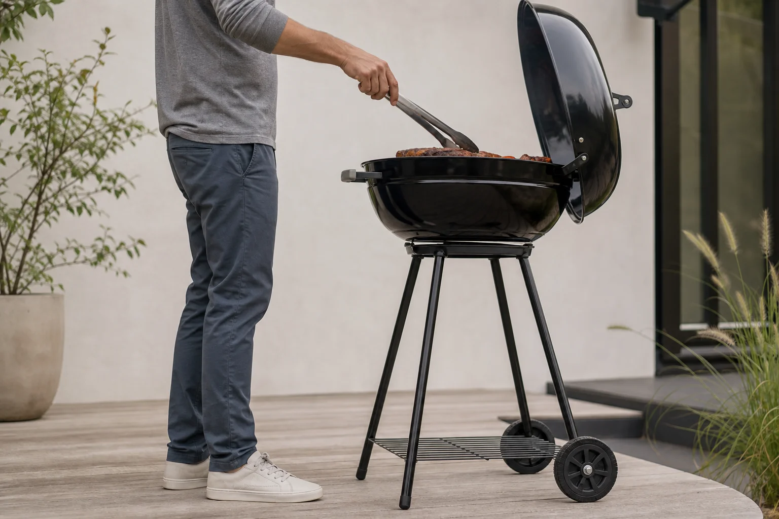 Person grilling on a tall Master Touch kettle grill with comfortable working height