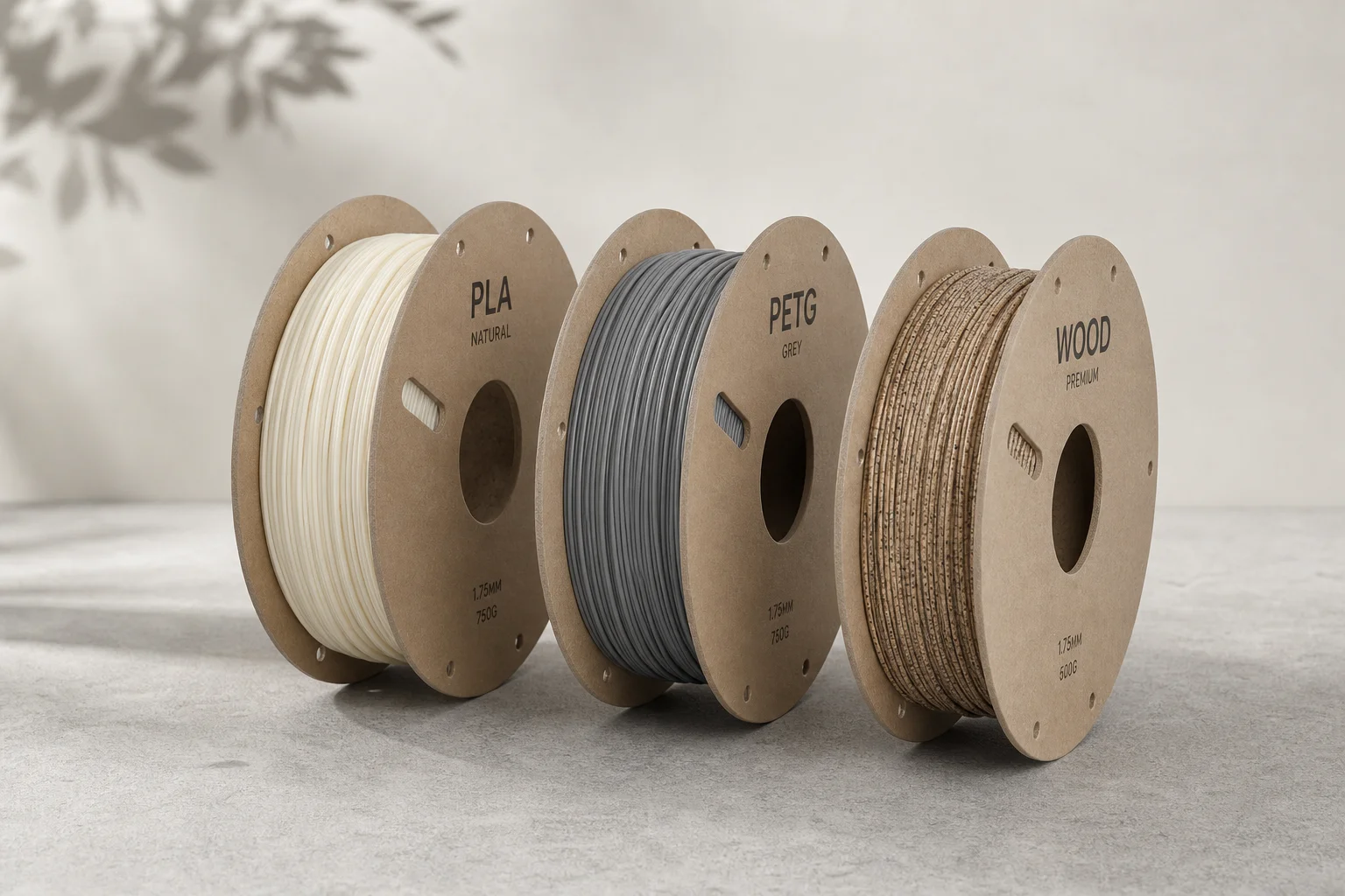 混凝土表面上的 3D 列印線材捲，包含 PLA、PETG 及特殊材質