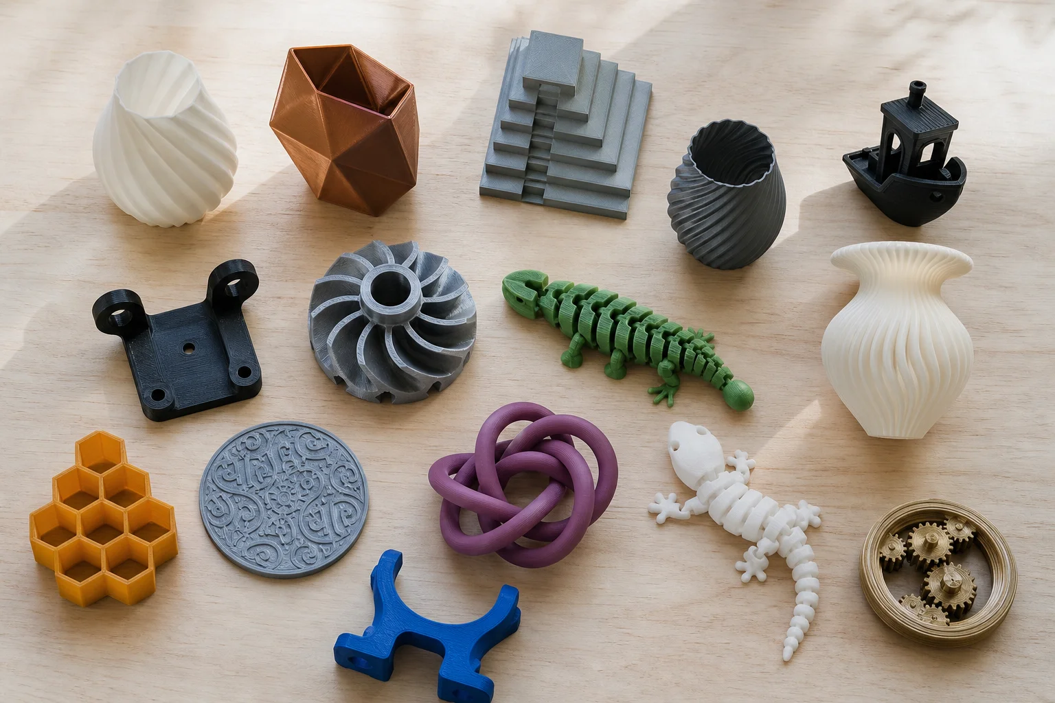 Finished 3D printed objects in various PLA colors and finishes