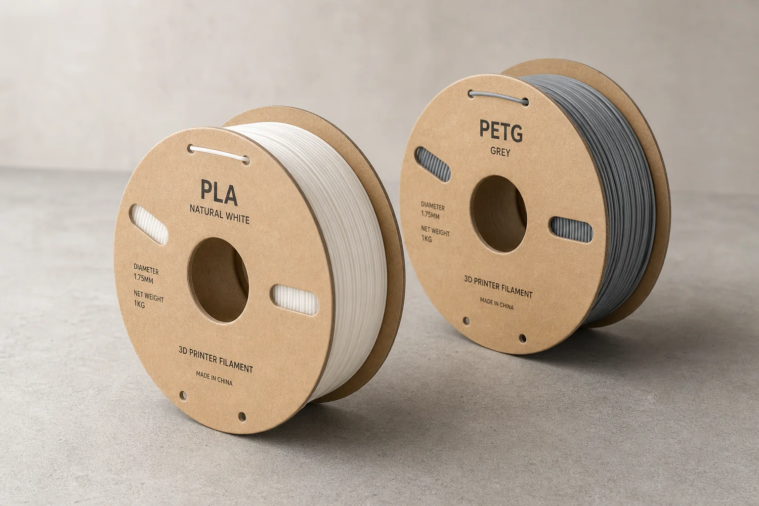 PLA and PETG filament spools on concrete surface