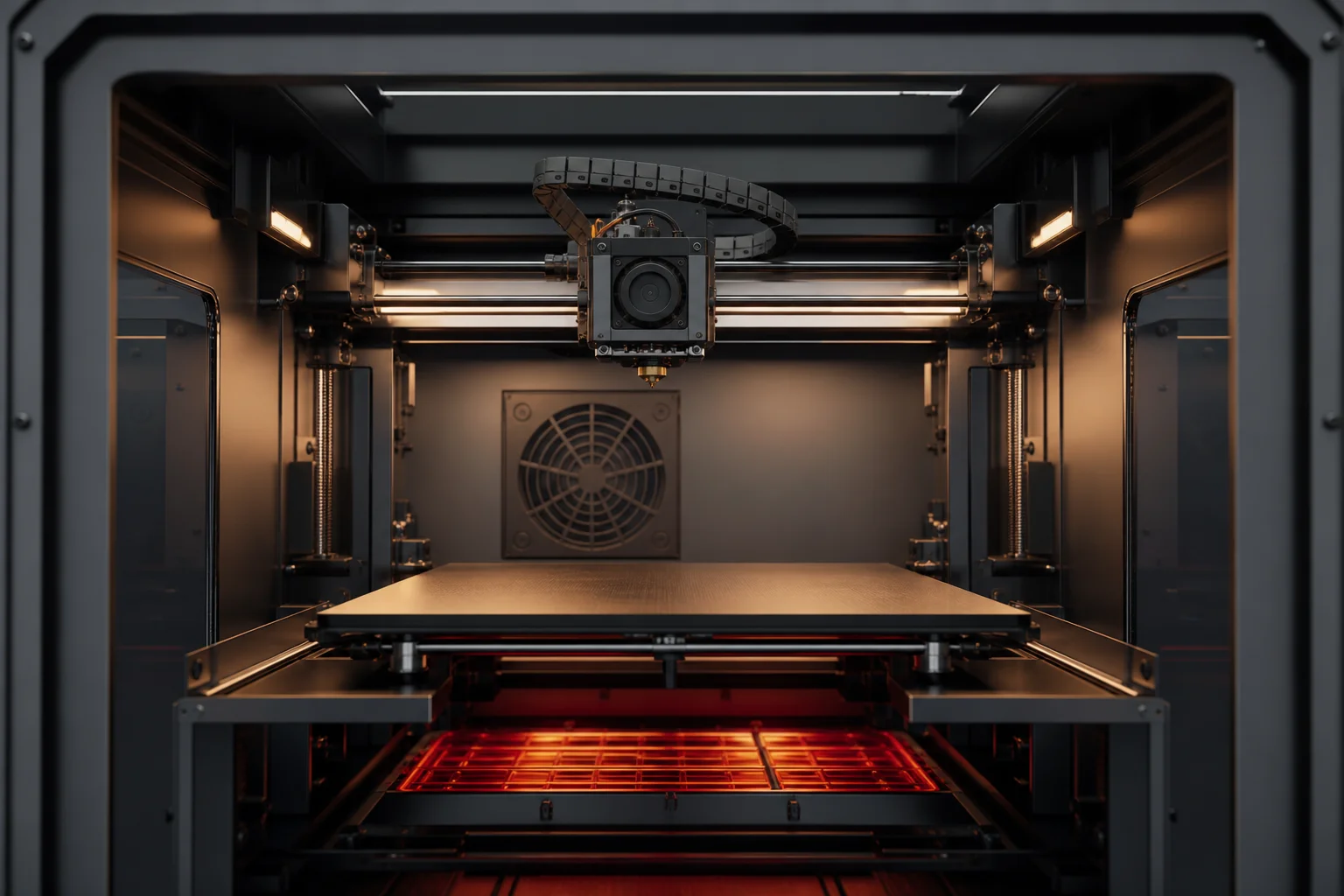 可見加熱元件的封閉式 3D 列印機內部視角