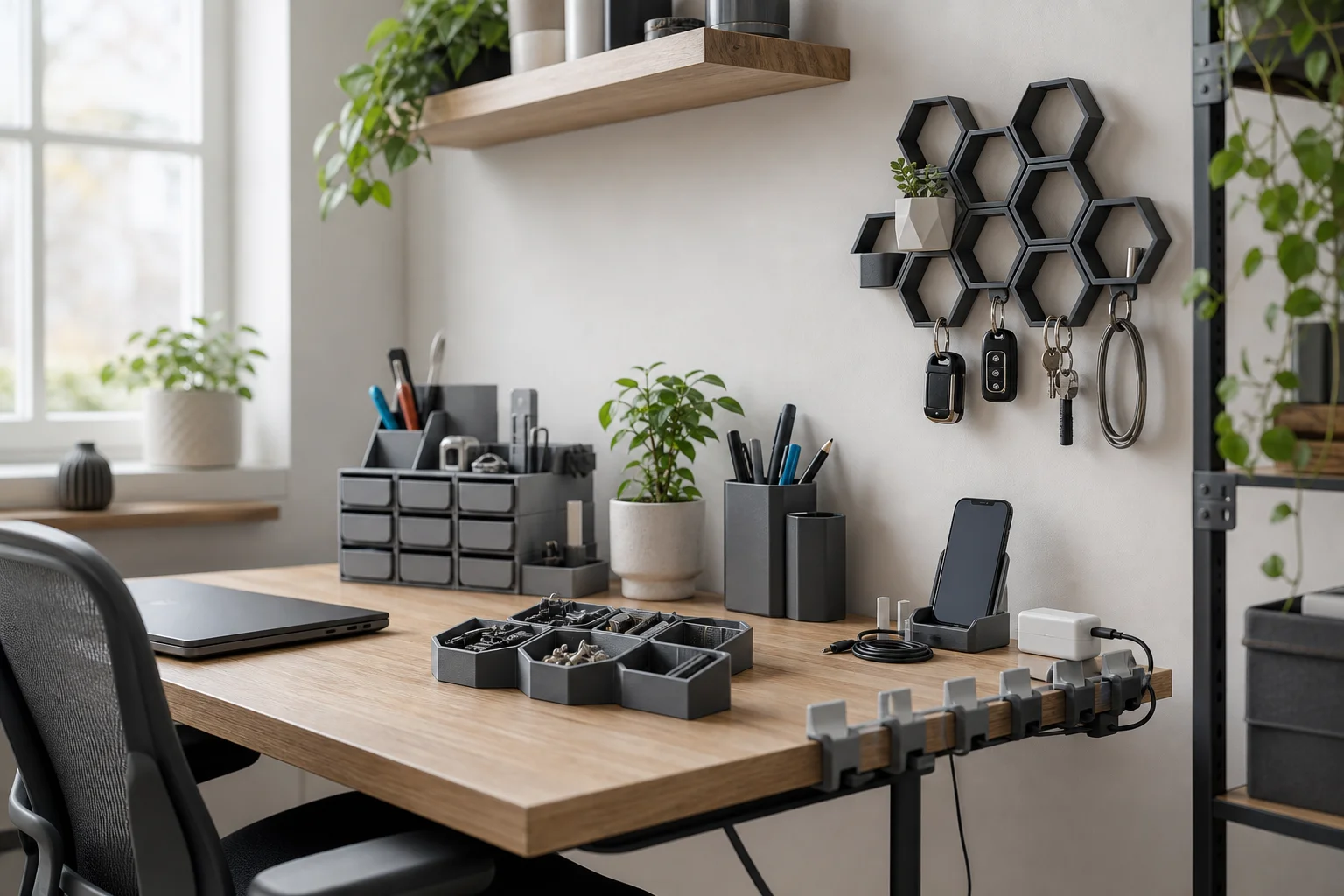 Organized desk workspace with 3D printed organizational containers and storage solutions