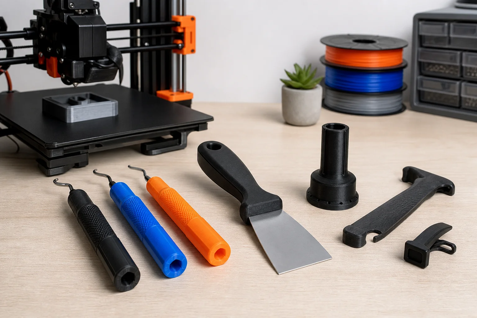 Workshop desk with 3D printed tools including deburring tool, scraper, and other implements